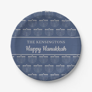 Rustic Holiday Blue White Menorah Hanukkah Paper Plate