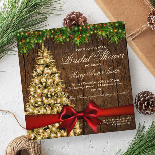 Rustic Holiday Bridal Shower Tree & Red Ribbon Invitation