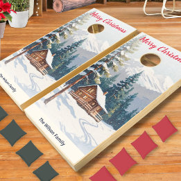 Rustic Holiday Cabin Mountain Snow Merry Christmas Cornhole Set