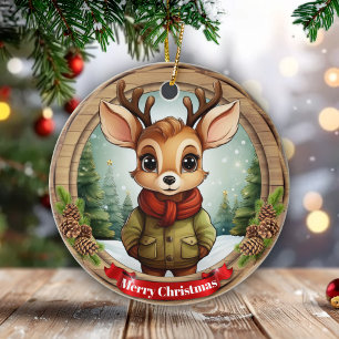 Rustic Holiday Character Xmas Reindeer Gift 🦌🎄 Ceramic Ornament