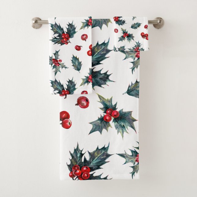 Rustic Holiday Christmas Winter Holly Berries Bath Towel Set (Insitu)
