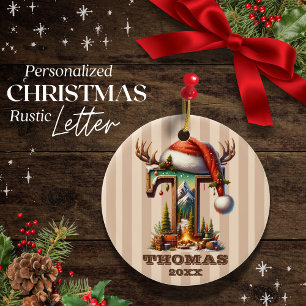 Rustic Holiday Initial T Personalizable Ceramic Ornament