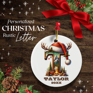 Rustic Holiday Letter T Christmas Keepsake Ceramic Ornament