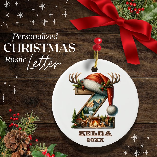 Rustic Holiday Letter Z Custom Name & Year Ceramic Ornament (Creator Uploaded)