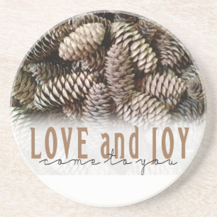 Rustic Holiday Love and Joy Pine Cone Coaster