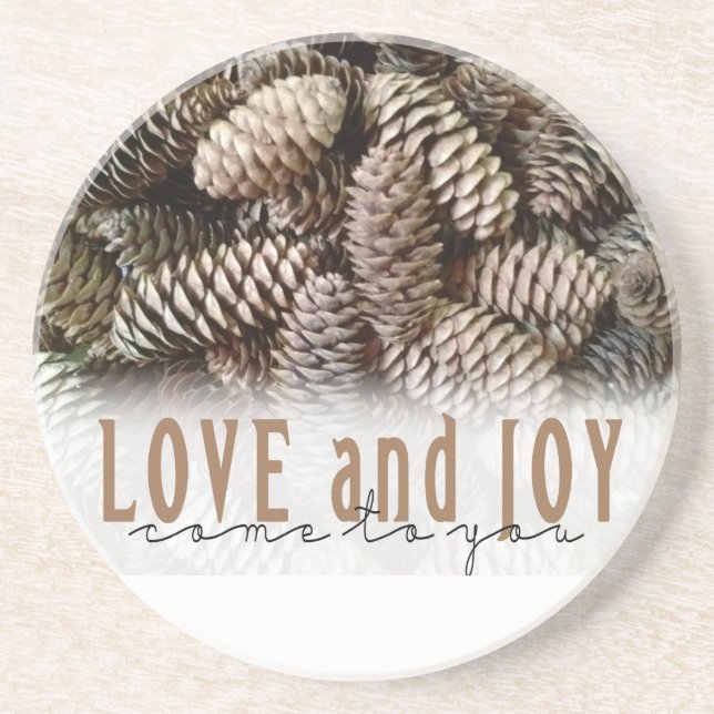 Rustic Holiday Love and Joy Pine Cone Coaster (Front)