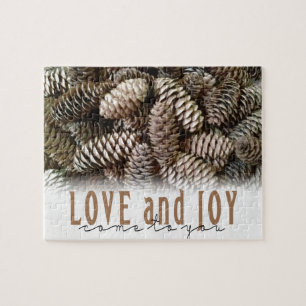 Rustic Holiday Love and Joy Pine Cone Jigsaw Puzzle