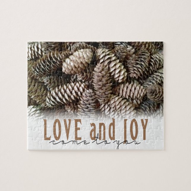 Rustic Holiday Love and Joy Pine Cone Jigsaw Puzzle (Horizontal)