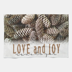 Rustic Holiday Love and Joy Pine Cone Kitchen Towel