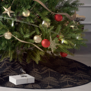 Rustic Holiday Pine Tree Pattern Black Green Gold Brushed Polyester Tree Skirt