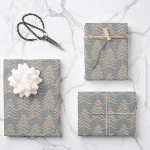 Rustic Holiday Pine Tree Pattern Grey Gold Wrapping Paper Sheet
