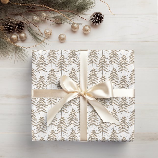 Rustic Holiday Pine Tree Pattern White Gold Wrapping Paper Sheet (Creator Uploaded)