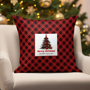 Rustic Holiday Plaid Custom Family Name Pillow