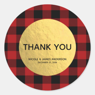 Rustic Holiday Red Buffalo Plaid Gold Foil Glam Classic Round Sticker