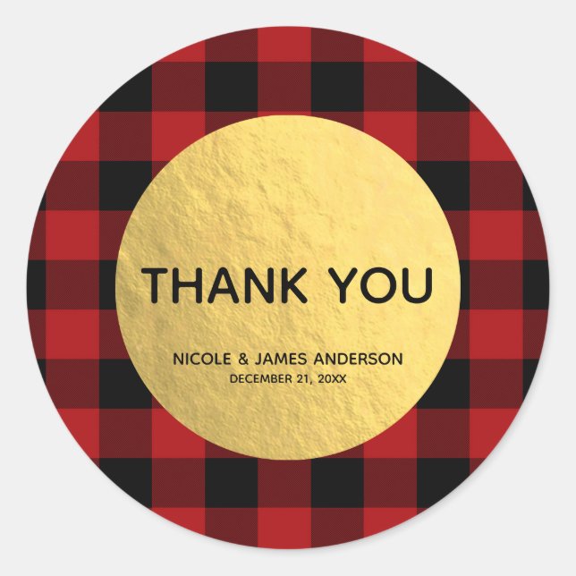 Rustic Holiday Red Buffalo Plaid Gold Foil Glam Classic Round Sticker (Front)
