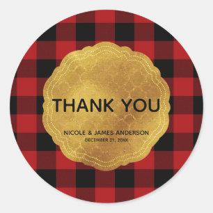 Rustic Holiday Red Buffalo Plaid Gold Glam Classic Round Sticker
