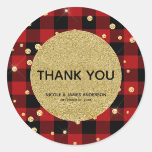 Rustic Holiday Red Buffalo Plaid Gold Glitter Classic Round Sticker