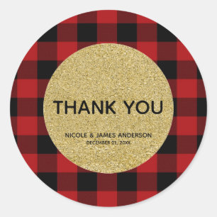Rustic Holiday Red Buffalo Plaid Gold Glitter Classic Round Sticker