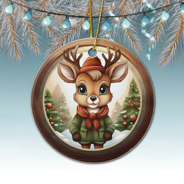 Rustic Holiday Reindeer, Xmas Deer, Christmas 🦌🎄 Ceramic Ornament (Xmas Reindeer Character Decoration, Christmas Doe Antlers Ceramic Ornament, Deer Decor, Doe 🦌🎄)