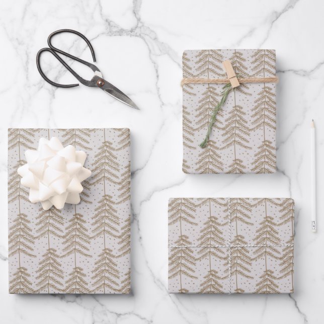 Rustic Holiday Tree Pattern Pale Grey Golden Brown Wrapping Paper Sheet (Front)