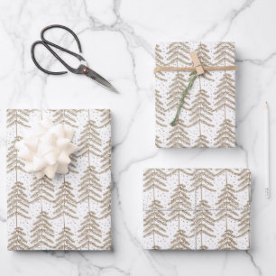 Rustic Holiday Tree Pattern White Golden Brown Wrapping Paper Sheet