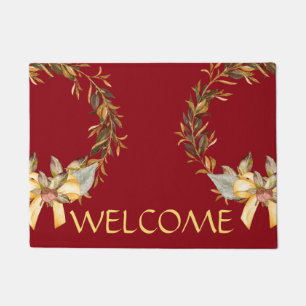 Rustic Holiday Wreath Door Mat, Red Doormat