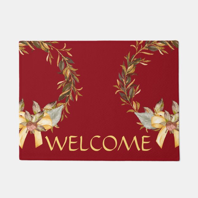 Rustic Holiday Wreath Door Mat, Red Doormat (Front)