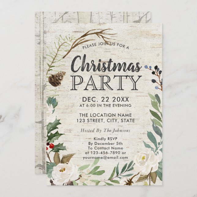 Rustic Holiday Wreath White Birch Christmas Party Invitation (Front/Back)