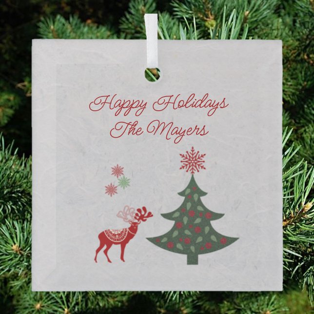 Rustic Holidays Christmas Tree & Red Reindeer Glass Ornament (Creator Uploaded)