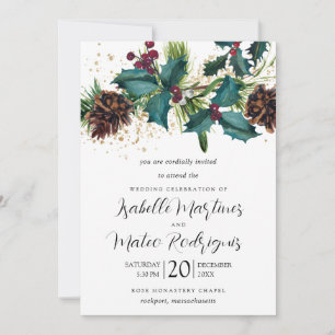 Rustic Holly and Berries Winter Botanical Wedding Invitation