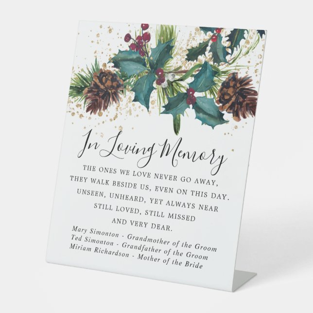 Rustic Holly and Berries Winter Wedding Memorial Pedestal Sign (Front)