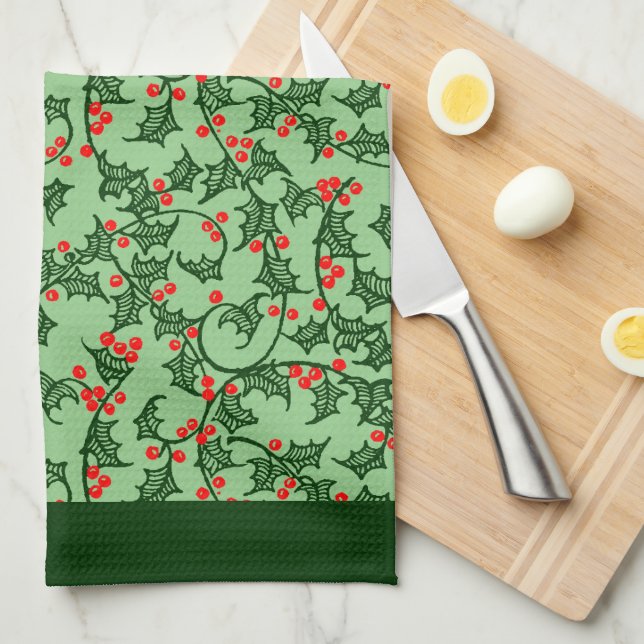 Rustic Holly and Berry Holiday Pattern on Green Kitchen Towel (Quarter Fold)
