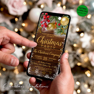 Rustic Holly Berries Christmas Party Invitation
