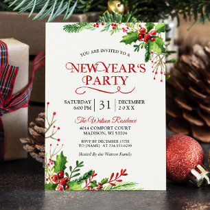 Rustic Holly Berries Classic New Year's Party Invitation