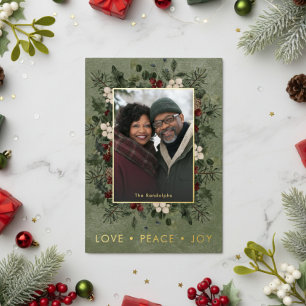 Rustic Holly Berries Green Christmas Love Peace Foil Holiday Card