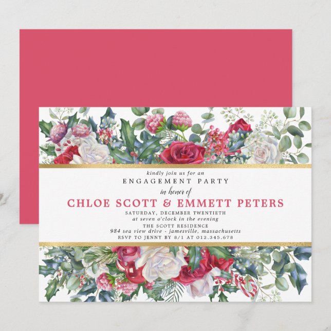 Rustic Holly Berries Winter Engagement Party Invitation (Front/Back)