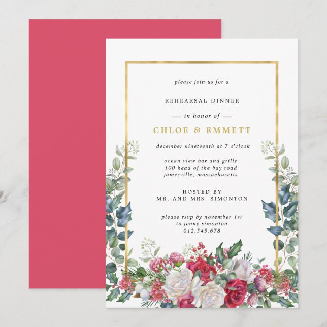 Rustic Holly Berries Winter Rehearsal Dinner Invitation (Front/Back)