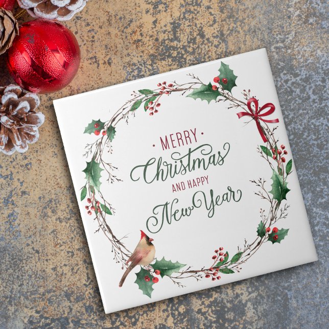 Rustic Holly Berry Wreath with Bird Holiday Tile (Creator Uploaded)