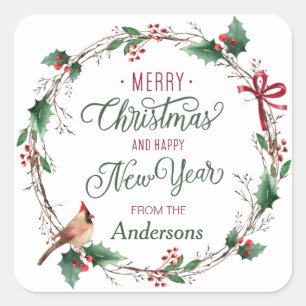 Rustic Holly Berry Wreath with Bird Personalized Square Sticker