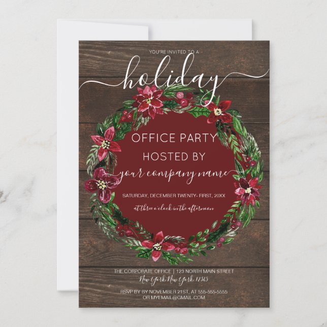 Rustic Holly Floral Wreath Wood Corporate Holiday Invitation (Front)