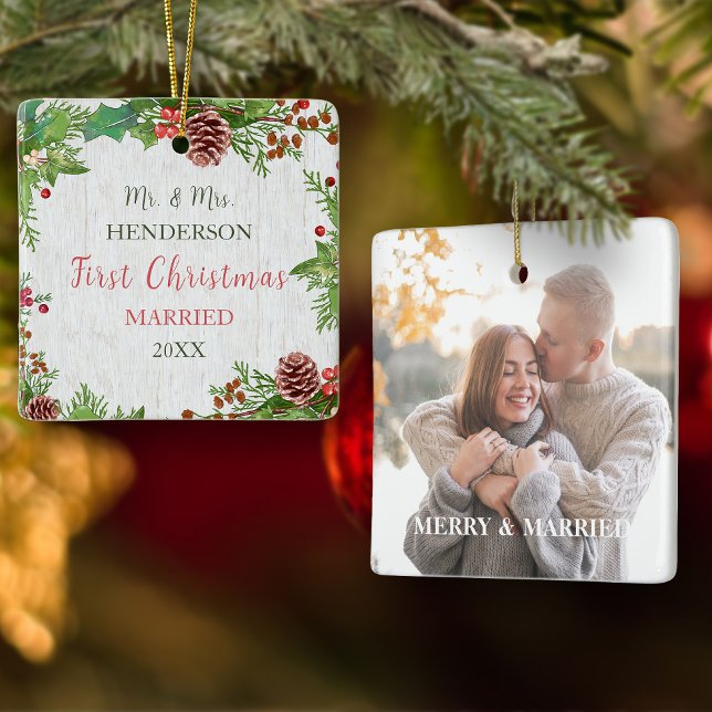 Rustic Holly Pine Newlyweds 2-sided Custom Photo  Ceramic Ornament (Creator Uploaded)