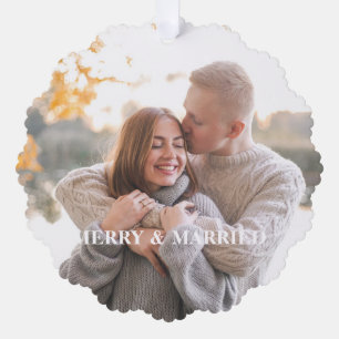 Rustic Holly Pine Newlyweds 2-sided Custom Photo Ornament Card