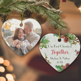 Rustic Holly Pine Together 2-sided Custom Photo  Ceramic Ornament