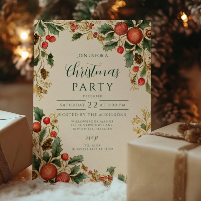 Rustic Holly Pomegranate Christmas Party Invitation (Creator Uploaded)