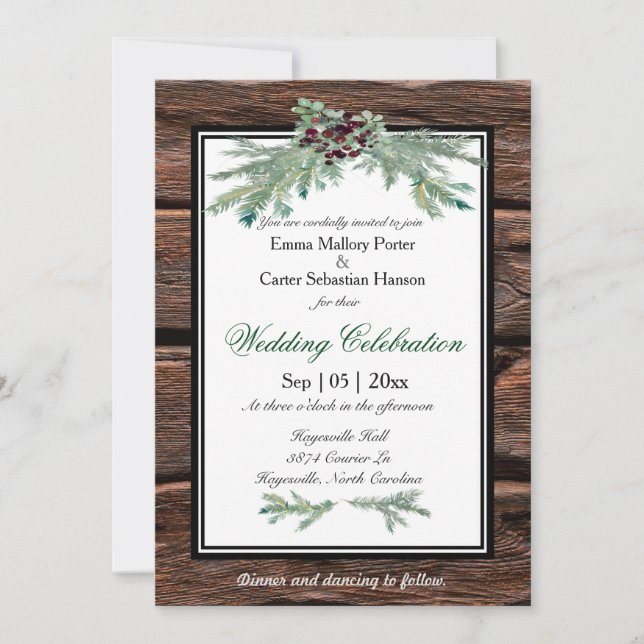 Rustic Holly Tree Branch Winter Wedding Invitation (Front)