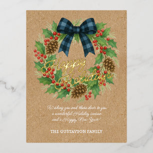Rustic Holly Wreath Blue Black Checkered Bow Foil Holiday Postcard