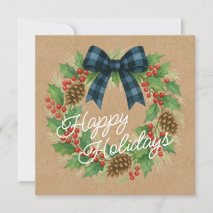 Rustic Holly Wreath Blue Black Checkered Bow Holiday Card