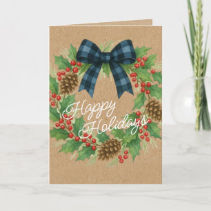 Rustic Holly Wreath Blue Black Checkered Bow Holiday Card