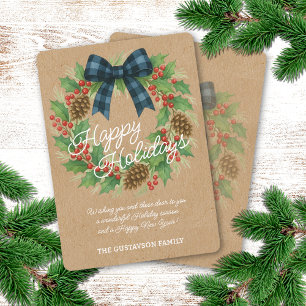 Rustic Holly Wreath Blue Black Checkered Bow Holiday Card