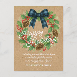 Rustic Holly Wreath Blue Black Checkered Bow Holiday Postcard